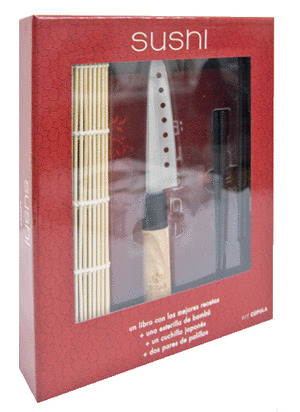 KIT SUSHI (LIBRO CON LAS MEJORES RECETAS + ESTERILLA DE BAMBU + CUCHILLO JAPONES + PALILLOS)