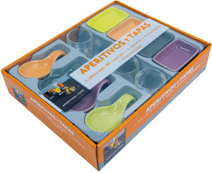 KIT APERITIVOS Y TAPAS: LIBRO CON 60 RECETAS + 4 VASITOS + 4 CUCHARAS + 4 BANDEJITAS