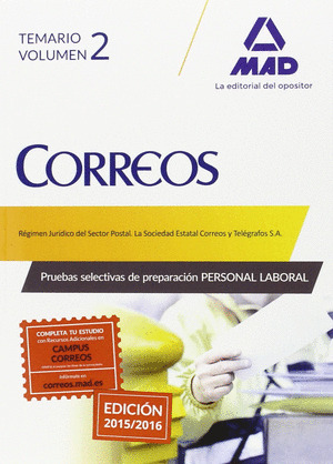 CORREOS. TEMARIO VOLUMEN 2. PRUEBAS SELECTIVAS DE PREPARACIÓN PERSONAL LABORAL CORREOS Y TELEGRAFOS VOL 2