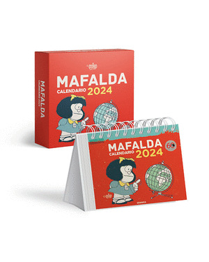 CALENDARIO 2024 MAFALDA. ESCRITORIO NARANJA CON CAJA